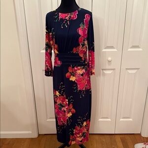 Elegant Floral Long Sleeve Dress in Navy